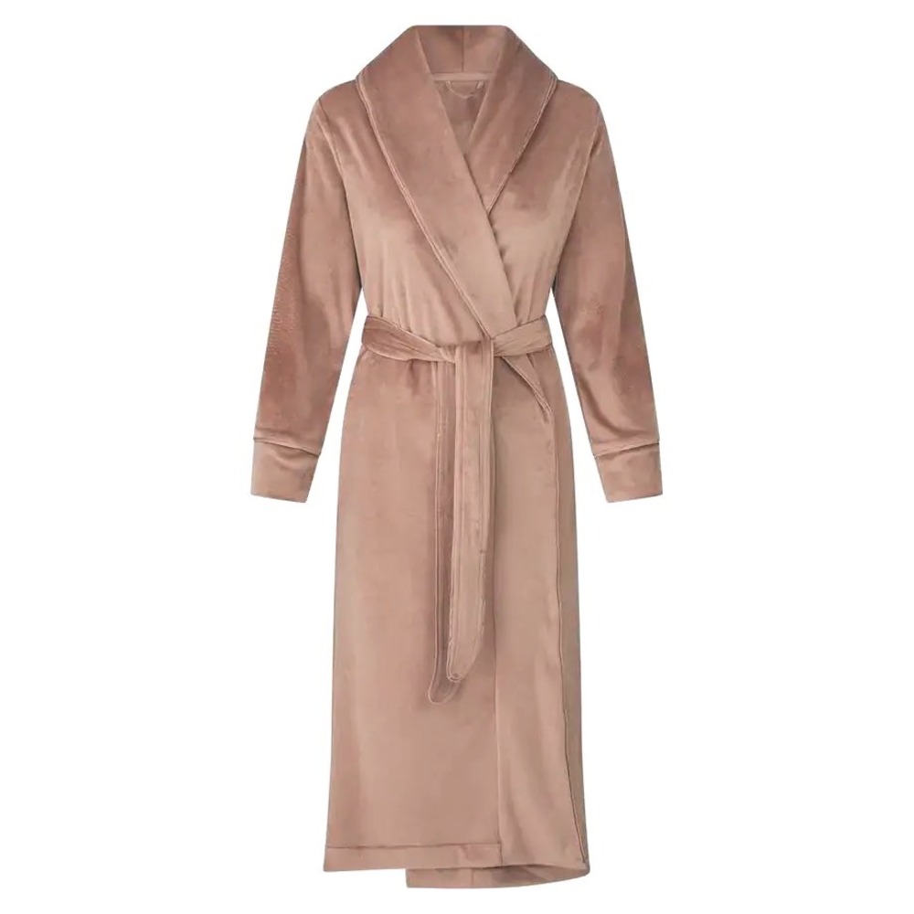 SKIMS Taupe Sienna Velour Long Wrap Bath Robe Pockets Tie Waist - Medium